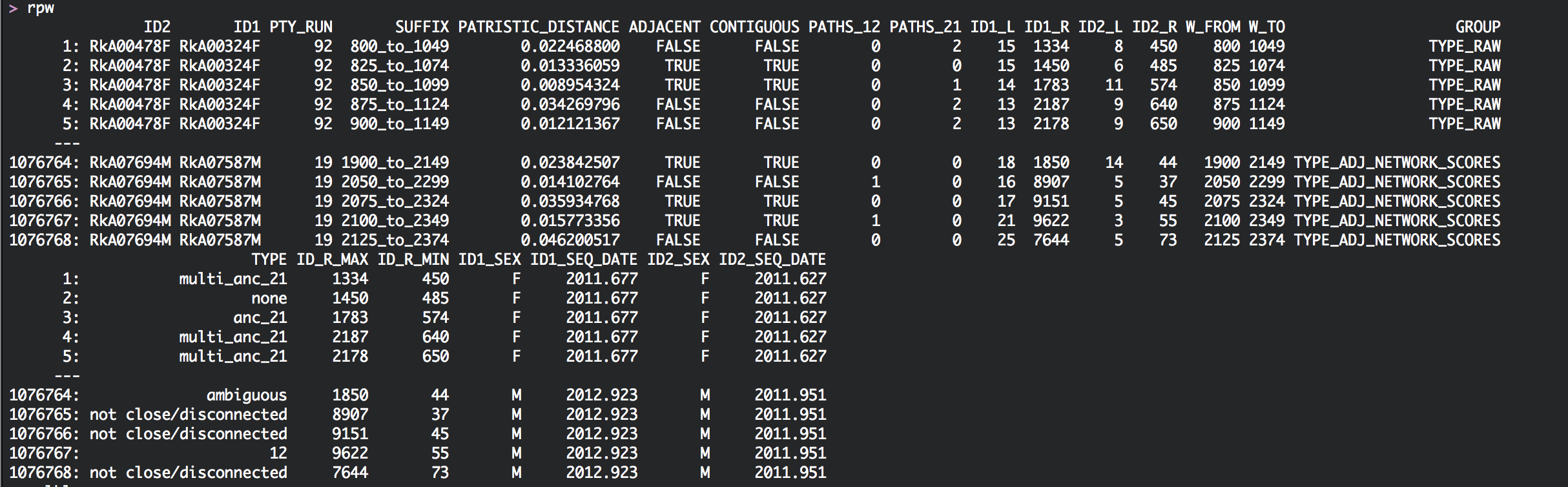 Output of phyloscanner statistics for each window.